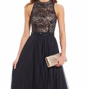 Jodi Kristopher mock neck embroidered ball gown